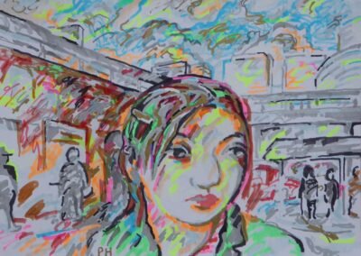 A woman standing outside kobe station in marker pen abstract.