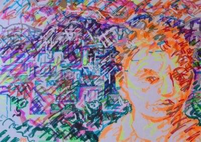 a view behind a person sitting on a train in abstract marker pen.