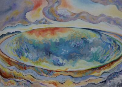 Oil painting of an oval seascape.