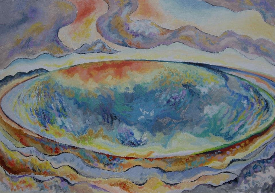 Oil painting of an oval seascape.