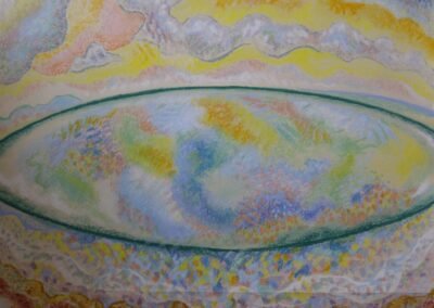 Pastel drawing of a sea scape, semi-abstract.