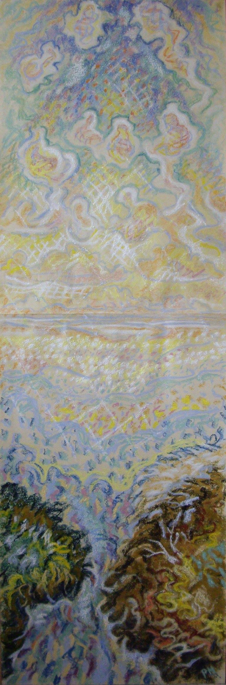 A large thin seascape drawn in pastel